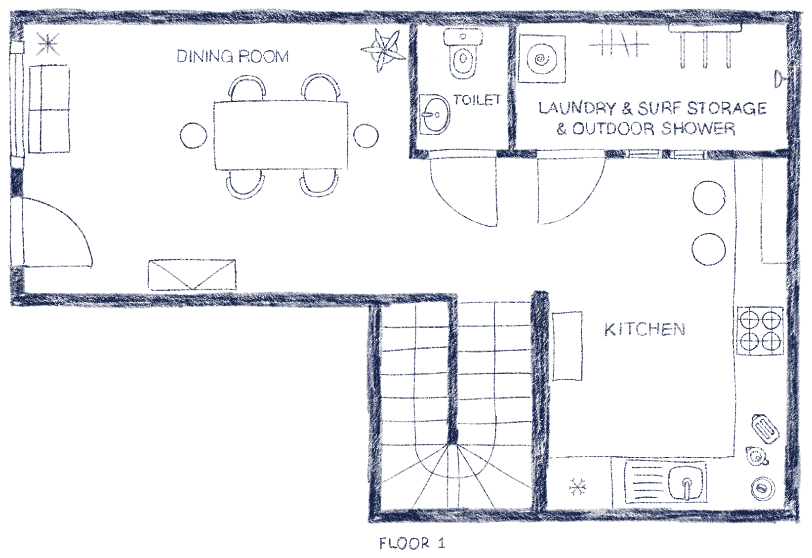 Floor 1 plan — dining room, kitchen, bathroom, laundry and surf storage