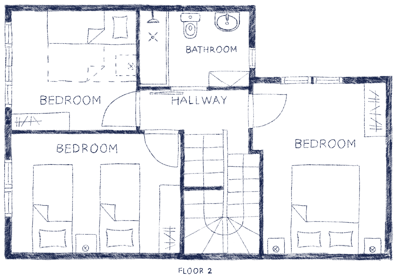 Floor 2 plan — three bedrooms, bathroom and hallway